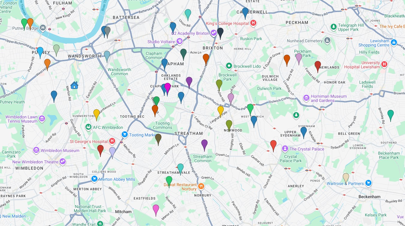 South London coverage_29.06.26 Map showing Love Cats Pet Sitters coverage areas across South London postcodes